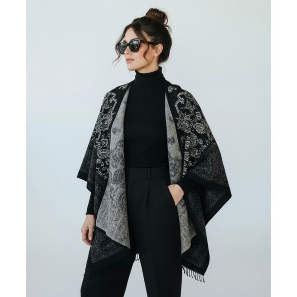 Modena Women Black Grey Paisley Print Fringe Kimono‎ Cardigan One Size